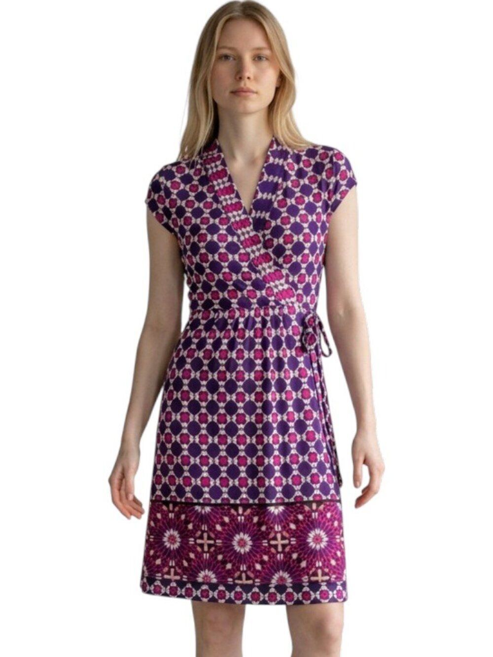Liz Claiborne Wrap Dress Small Purple Pink Print Short Sleeve Stretch